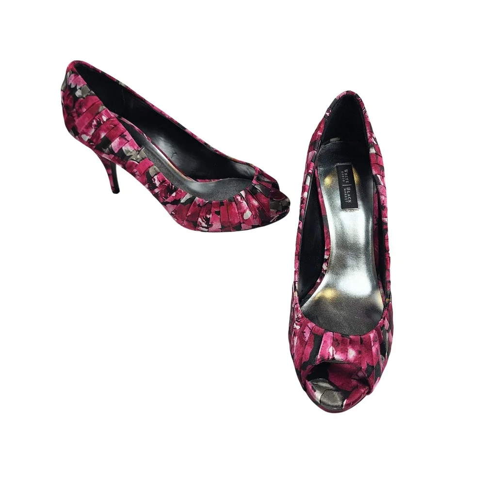 White House Black Market Apple‎ Floral Peep Toe Pumps Pink Black Pleated 8.5M